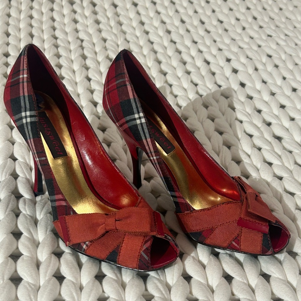 Holiday FUN, Red and Black High Heeled Plaid Pumps
